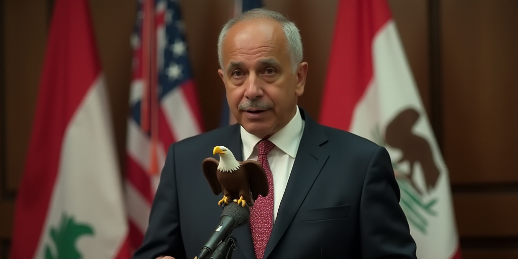 a man in a suit and tie standing in front of a flag and a microphone with a bald eagle on it, Boucht