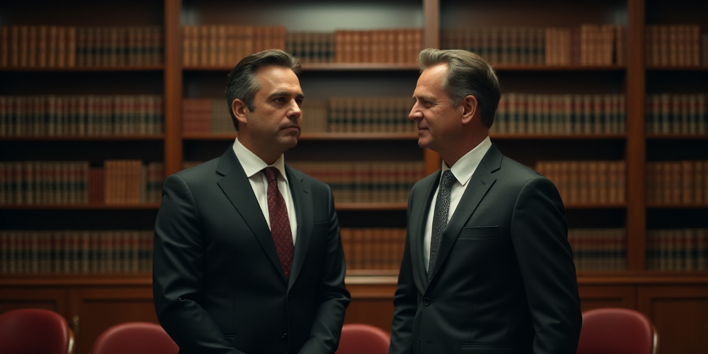 a man in a suit and tie standing next to a man in a suit and tie in a room with bookshelves, Beeple,