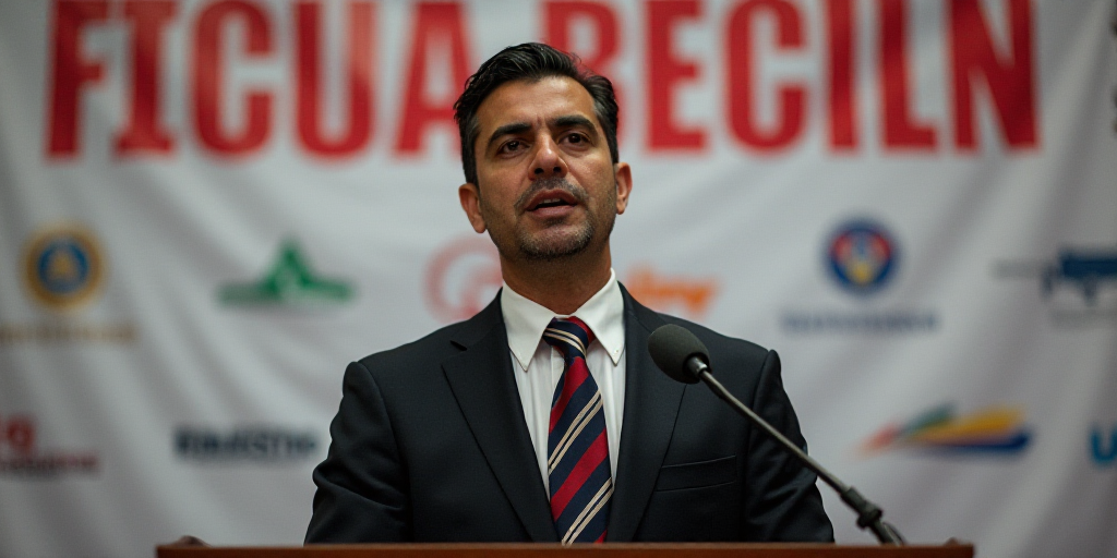a man in a suit and tie standing at a podium with a microphone in front of a banner behind him, Fede