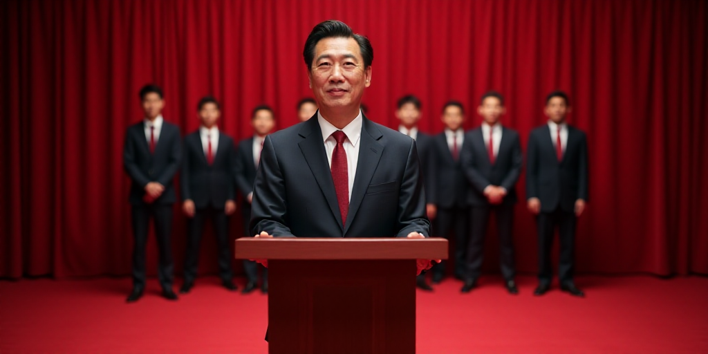 a man in a suit and tie standing behind a podium with other men in suits behind him and a red carpet