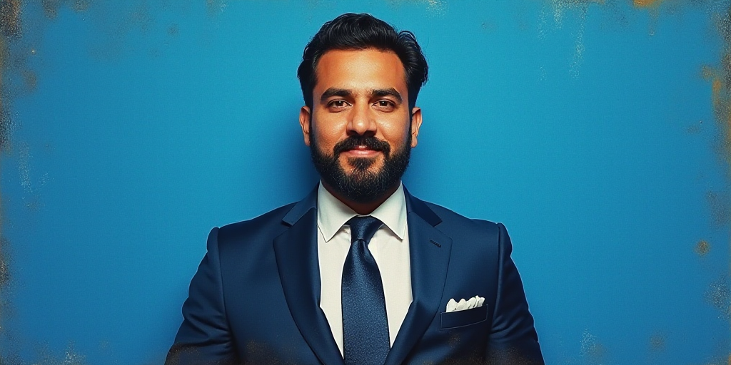 a man in a suit and tie standing in front of a blue background with a caption that reads, louis migu