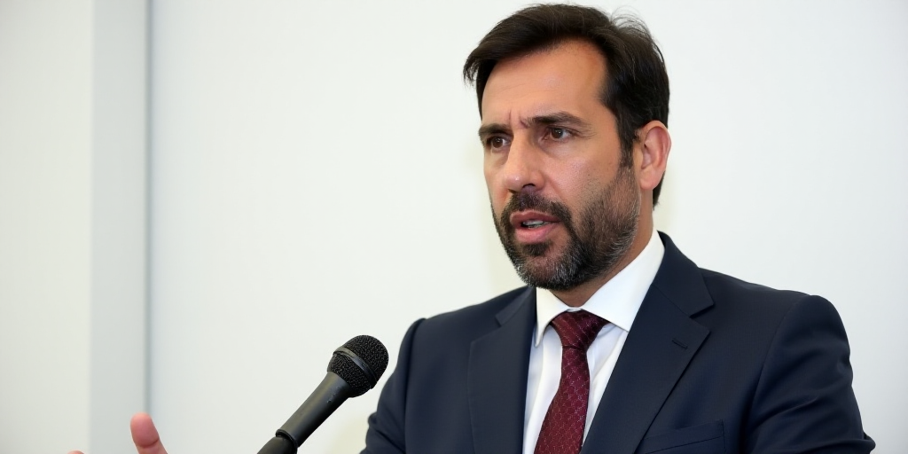 a man in a suit and tie standing in front of a microphone and a white background with a white wall,