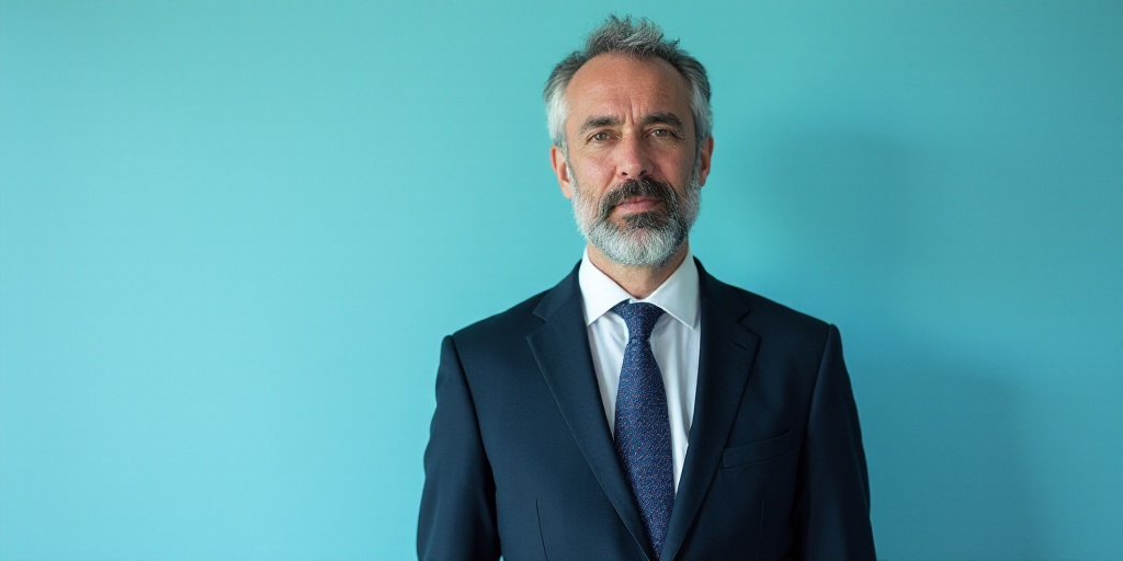 a man in a suit and tie standing in front of a blue background with a caption for juan pablo de boto