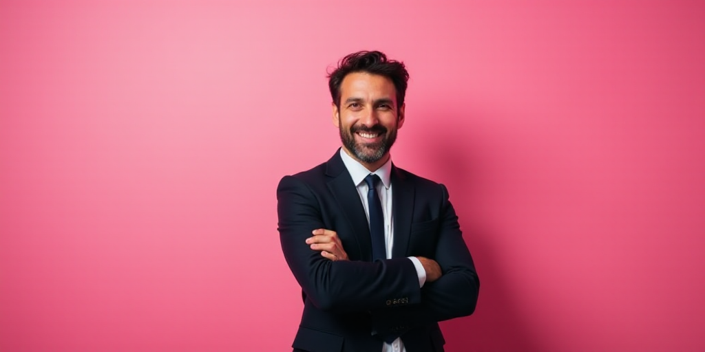 a man in a suit and tie standing with his arms crossed and smiling at the camera, with a pink backgr