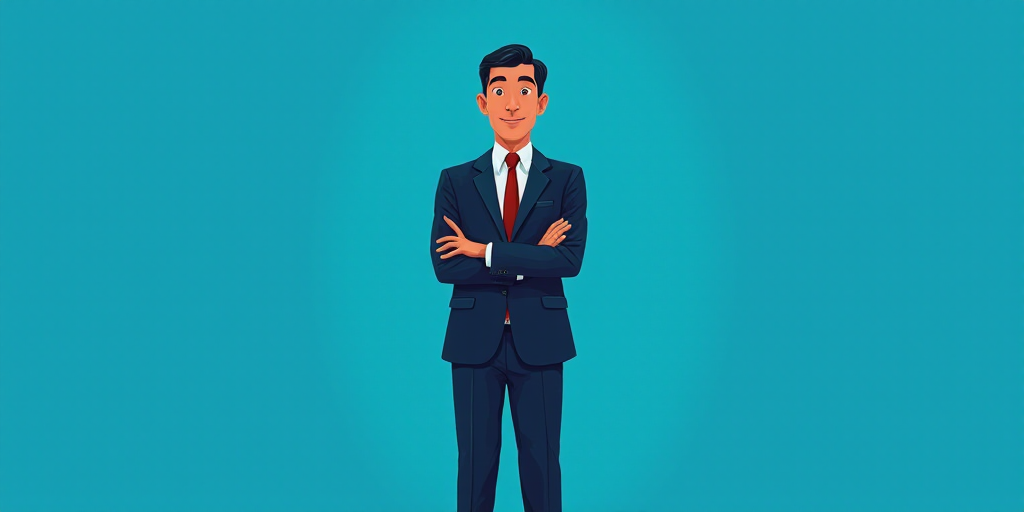 a man in a suit and tie standing with his arms crossed in front of him, with a blue background, Carl