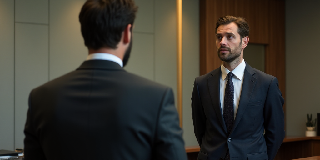 a man in a suit and tie standing next to a man in a suit and tie in front of a desk, Ei-Q, vfx, a st