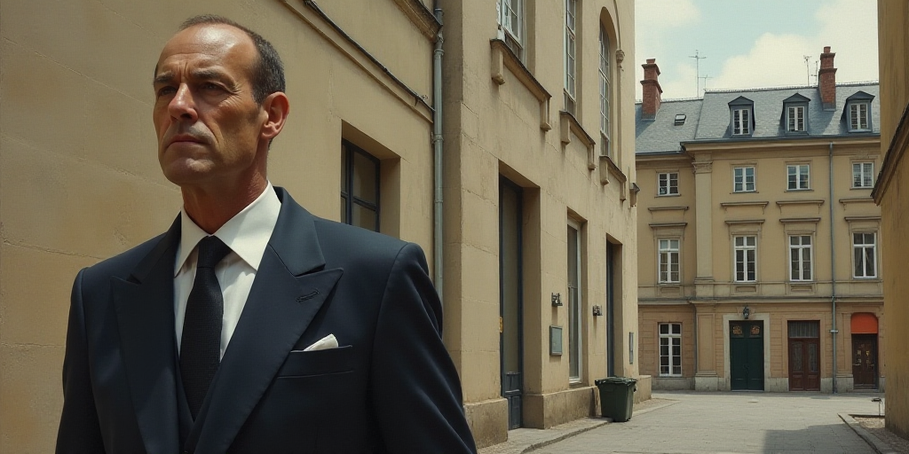 a man in a suit and tie standing in front of a building with a building in the background and a buil