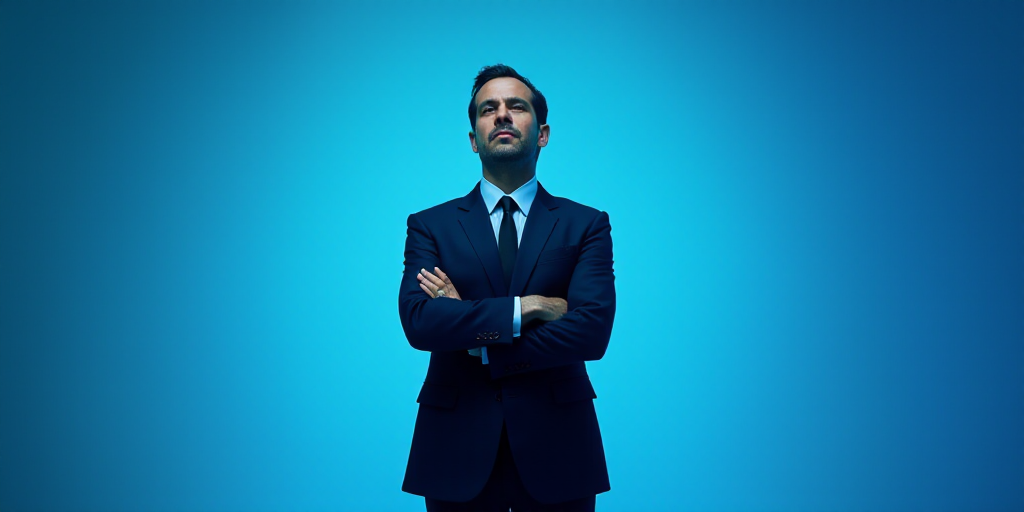 a man in a suit and tie standing with his arms crossed in front of him with a blue background, Estua