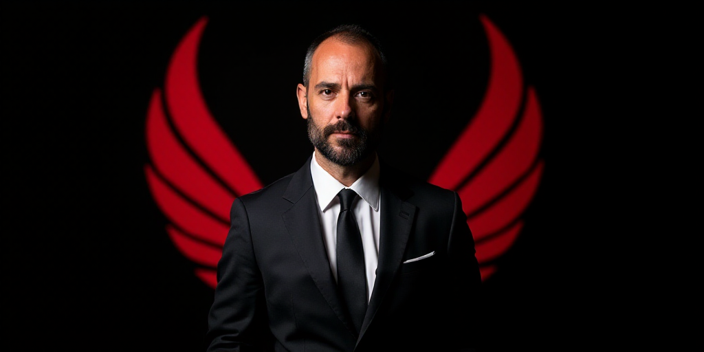 a man in a suit and tie standing in front of a red and black logo on a black background, Enzo Cucchi