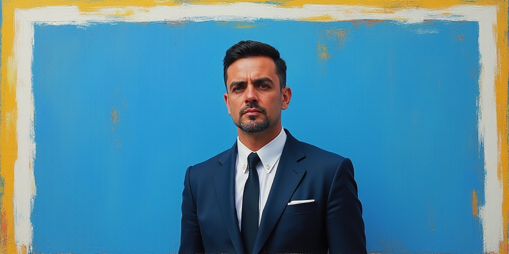 a man in a suit and tie standing in front of a blue background with a white and yellow border, Carlo