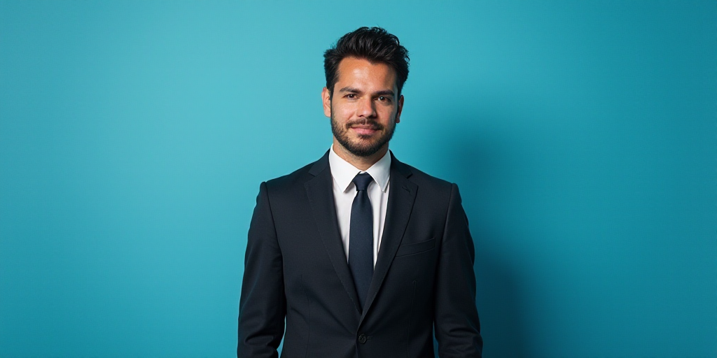 a man in a suit and tie standing in front of a blue background with a black and white photo, Alejand