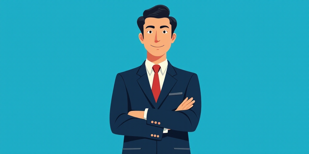 a man in a suit and tie standing with his arms crossed in front of him, with a blue background, Carl