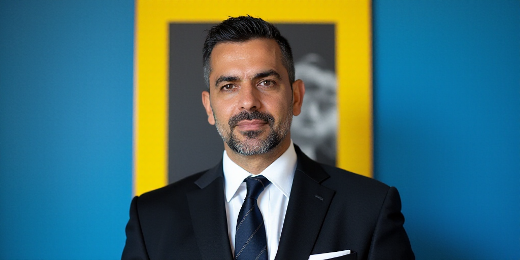 a man in a suit and tie standing in front of a blue background with a yellow border and a black and