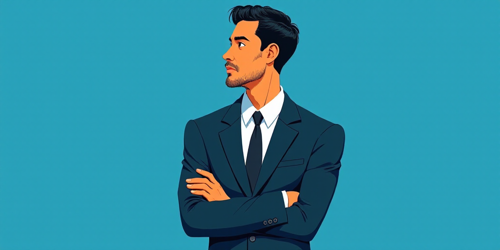 a man in a suit and tie standing with his arms crossed in front of him, with a blue background, Carl