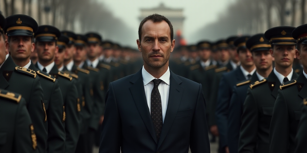 a man in a suit and tie standing in front of a crowd of people wearing military hats and uniforms, C