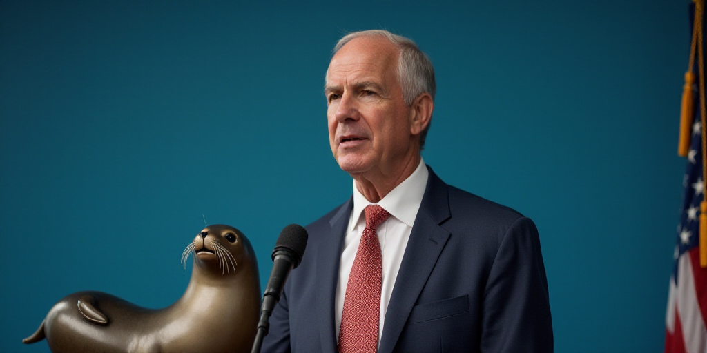 a man in a suit and tie standing behind a microphone with a seal on it's side and a blue background,