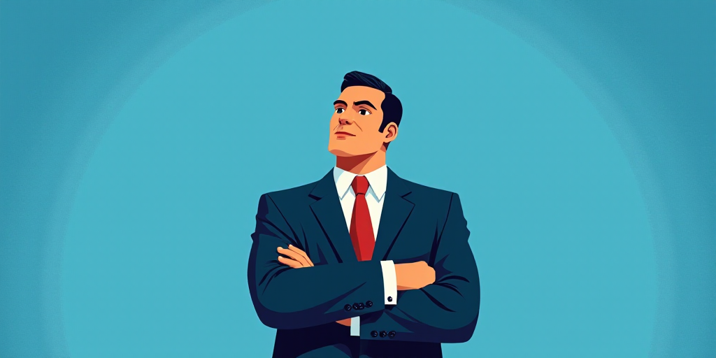 a man in a suit and tie standing with his arms crossed in front of him, with a blue background, Carl