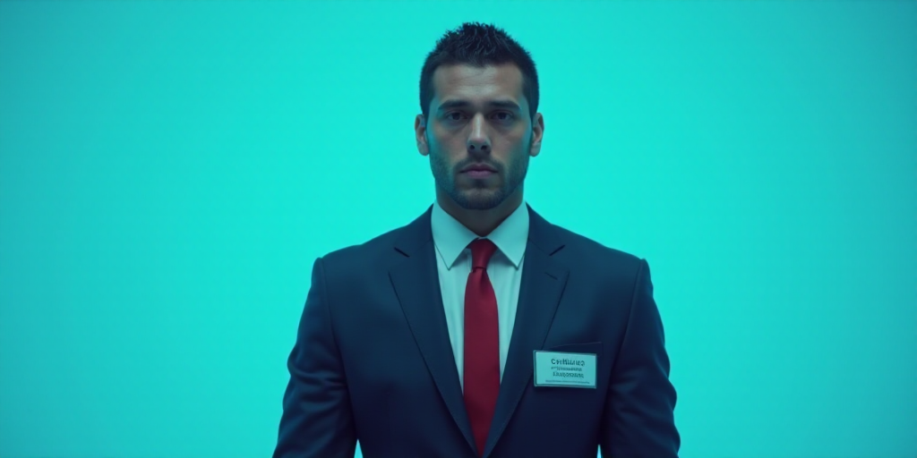 a man in a suit and tie standing in front of a blue background with a name tag for a business, Edwar