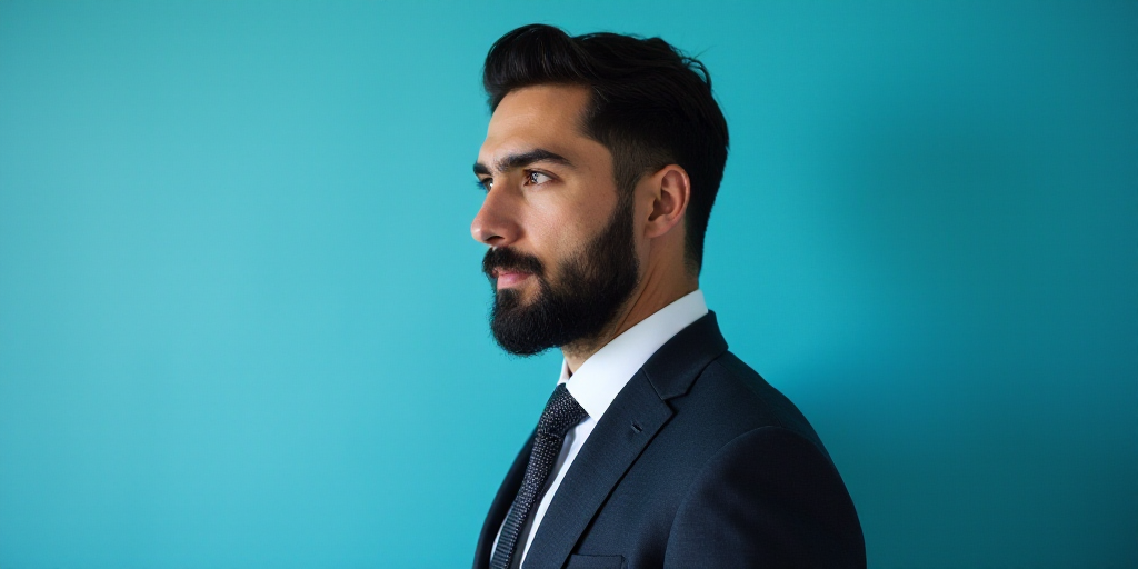 a man in a suit and tie standing in front of a blue background with a black and white photo, Alejand