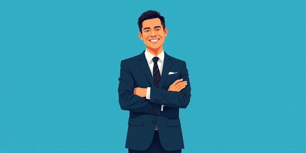 a man in a suit and tie standing with his arms crossed in front of him, with a blue background, Carl