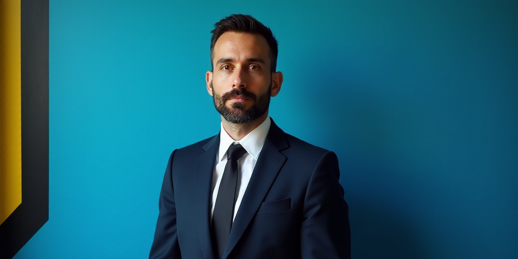 a man in a suit and tie standing in front of a blue background with a black and yellow border, Chris