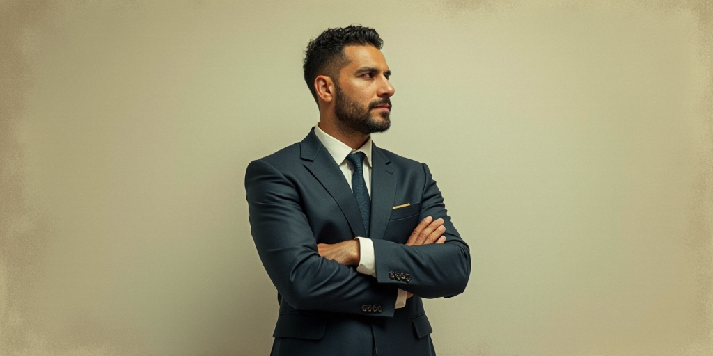 a man in a suit and tie standing with his arms crossed in front of him, with the caption of a photo