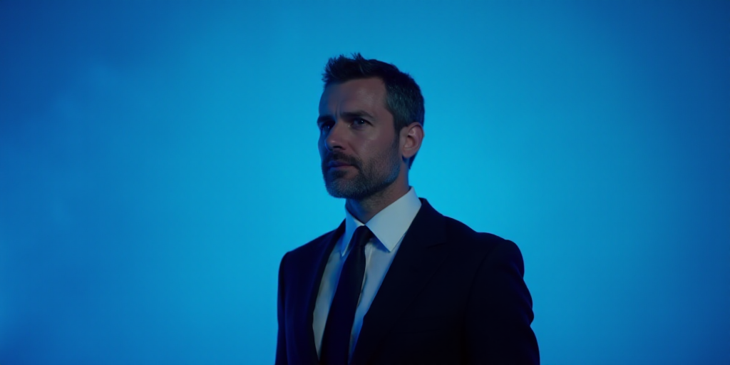a man in a suit and tie standing in front of a blue background with the words antonio ai showbiz, An