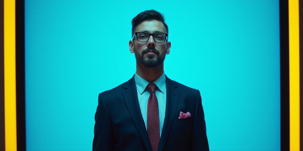 a man in a suit and tie standing in front of a blue background with a black and yellow border, Carlo