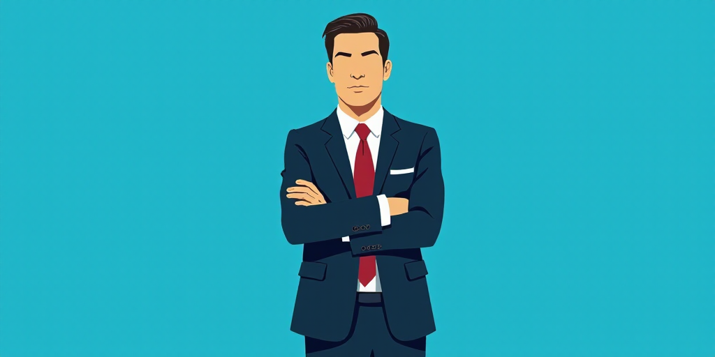 a man in a suit and tie standing with his arms crossed in front of him, with a blue background, Carl
