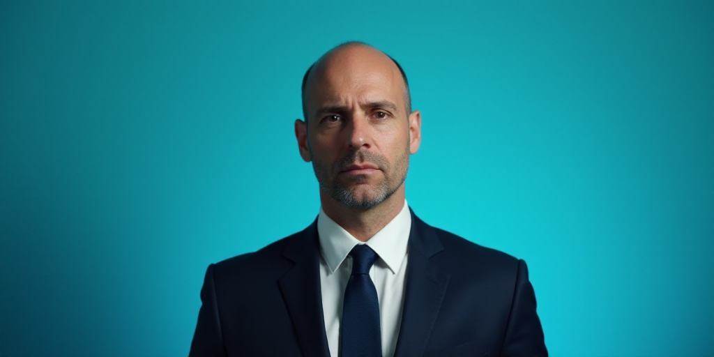 a man in a suit and tie standing in front of a blue background with a caption that reads demeterio s