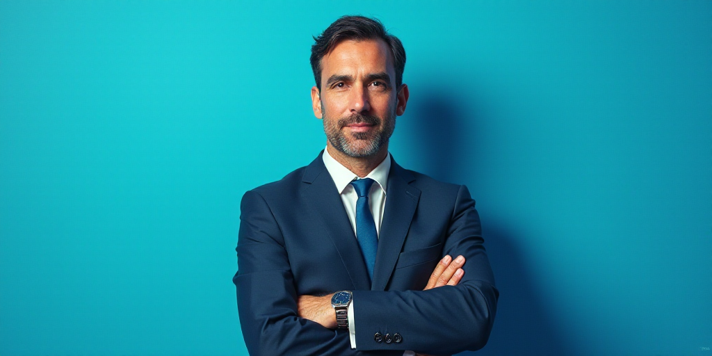 a man in a suit and tie standing in front of a blue background with a caption that reads, louis migu