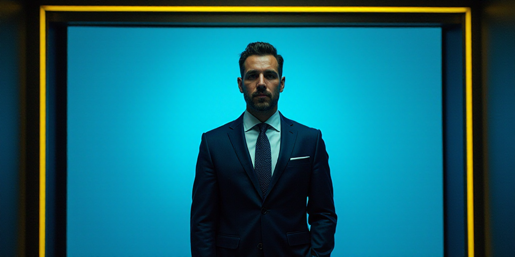 a man in a suit and tie standing in front of a blue background with a black and yellow border, Eduar