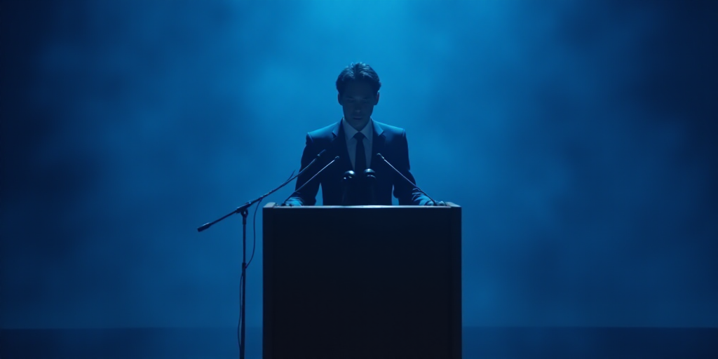 a man in a suit and tie standing at a podium with a microphone in front of him and a blue backdrop,