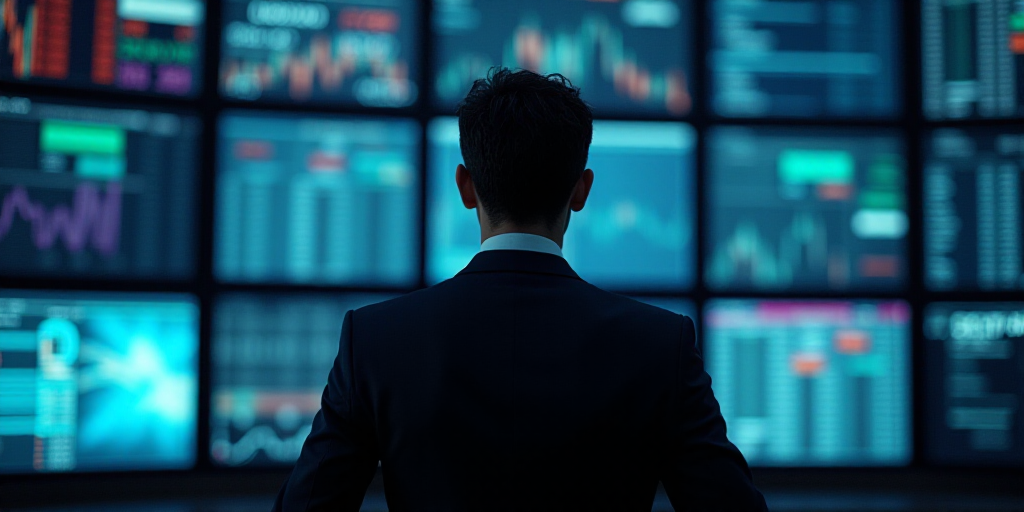 a man in a suit and tie standing in front of a bunch of computer screens with numbers on them, Andri