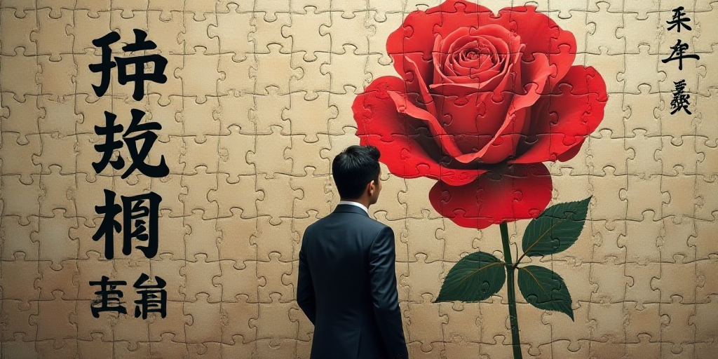 a man in a suit and tie standing in front of a wall with chinese writing on it and a red rose, Baiō