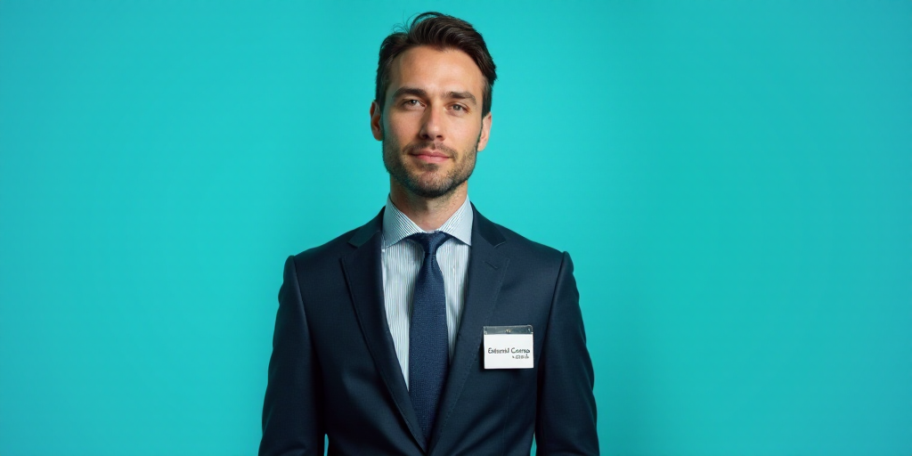 a man in a suit and tie standing in front of a blue background with a name tag for a business, Edwar