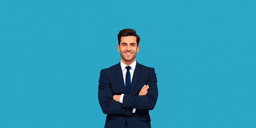 a man in a suit and tie standing with his arms crossed in front of him, with a blue background, Carl