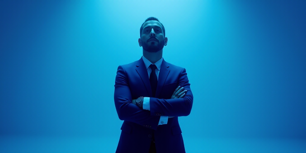 a man in a suit and tie standing with his arms crossed in front of him with a blue background, Estua