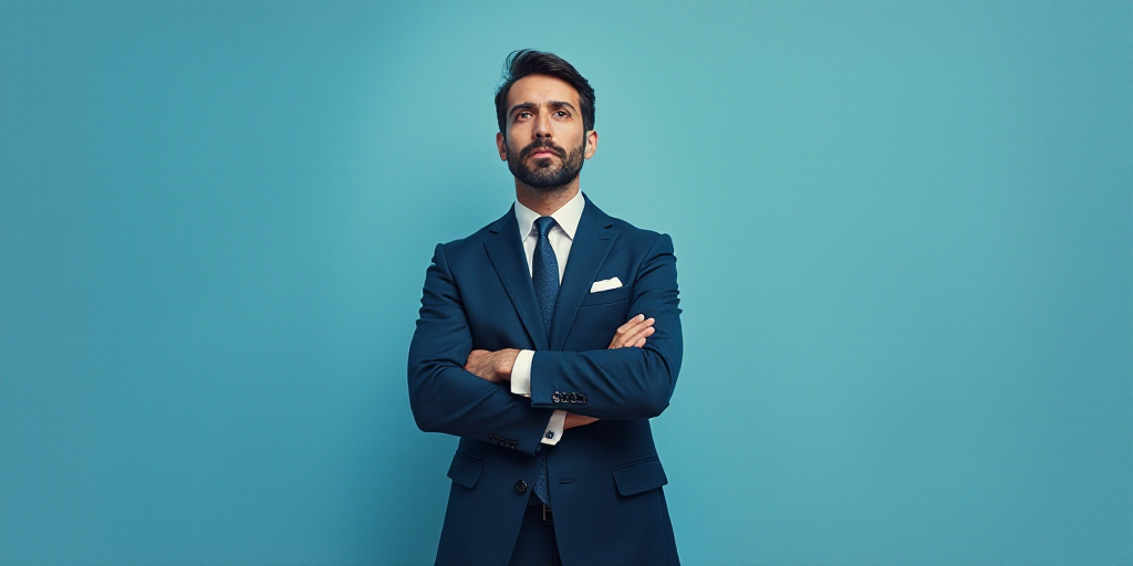 a man in a suit and tie standing with his arms crossed in front of him with a blue background, Anton