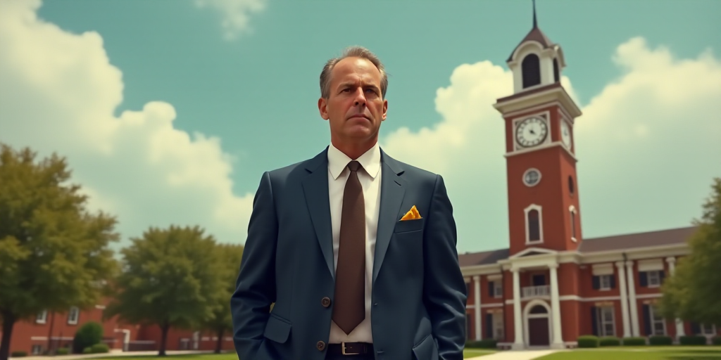 a man in a suit and tie standing in front of a building with a clock tower in the background, Donald