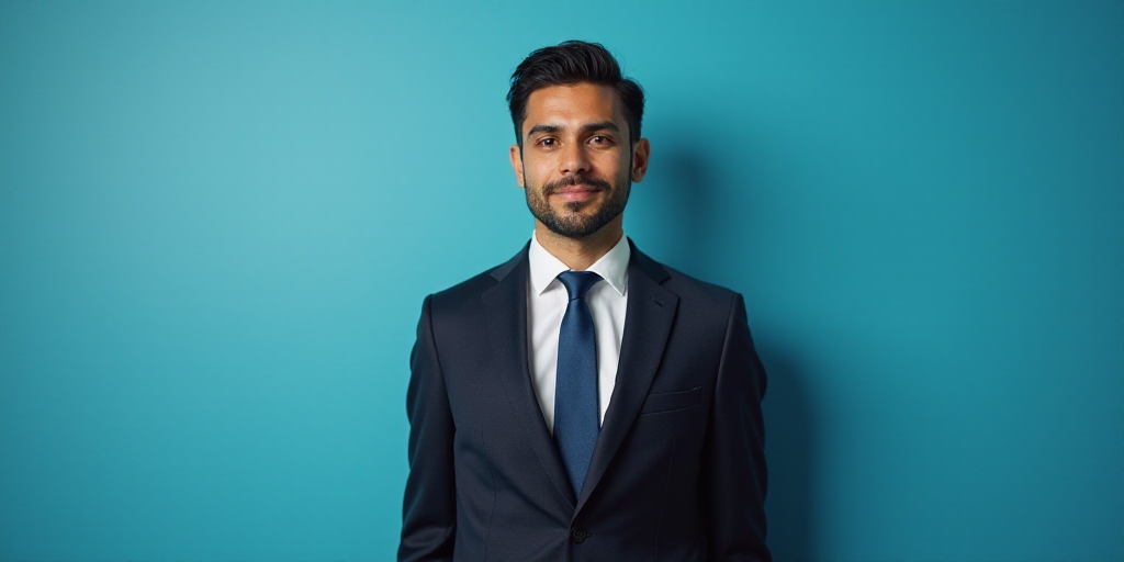 a man in a suit and tie standing in front of a blue background with a black and white photo, Alejand