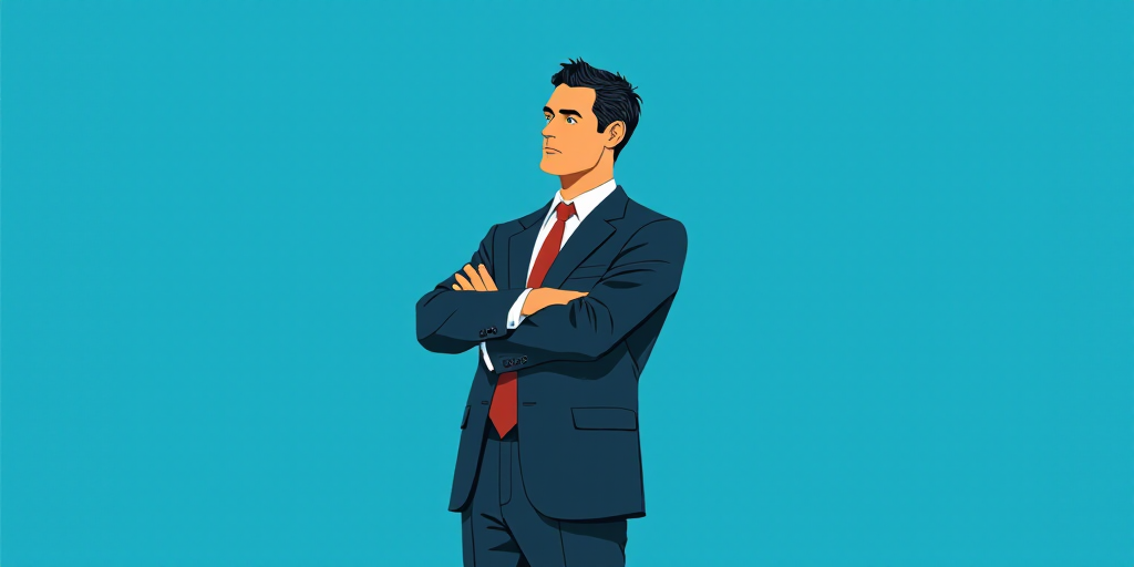 a man in a suit and tie standing with his arms crossed in front of him, with a blue background, Carl