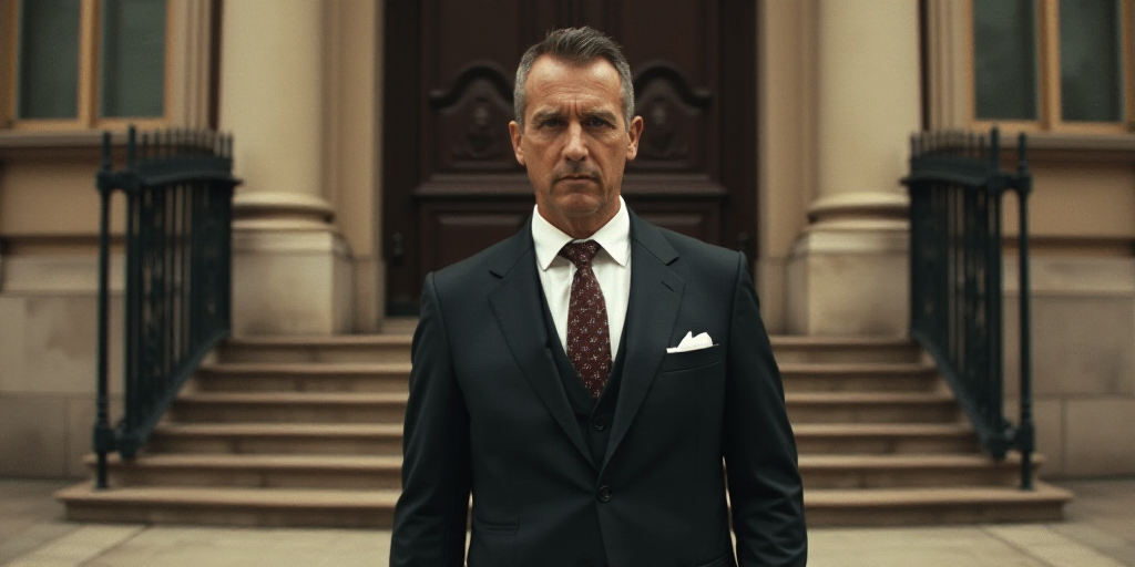 a man in a suit and tie standing in front of a building with stairs and a gate in front of him, Beep