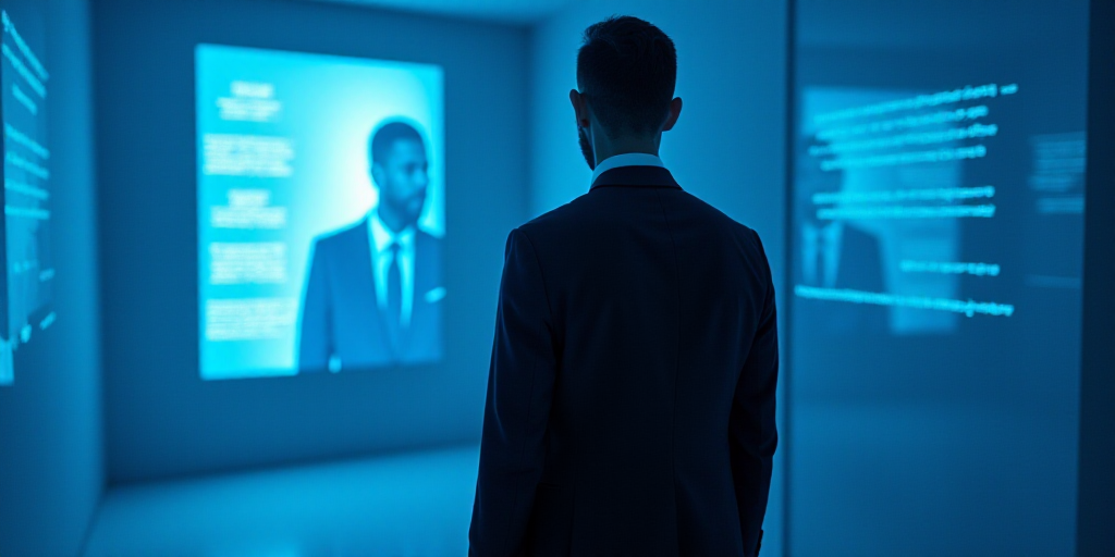 a man in a suit and tie standing in front of a blue background with a black and white photo, Edward
