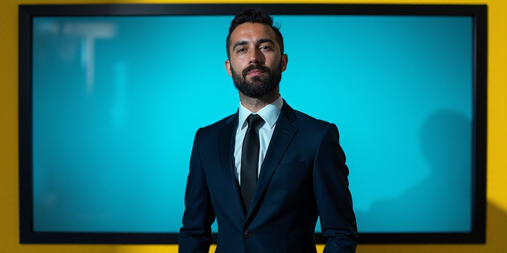 a man in a suit and tie standing in front of a blue background with a black and yellow border, Eduar