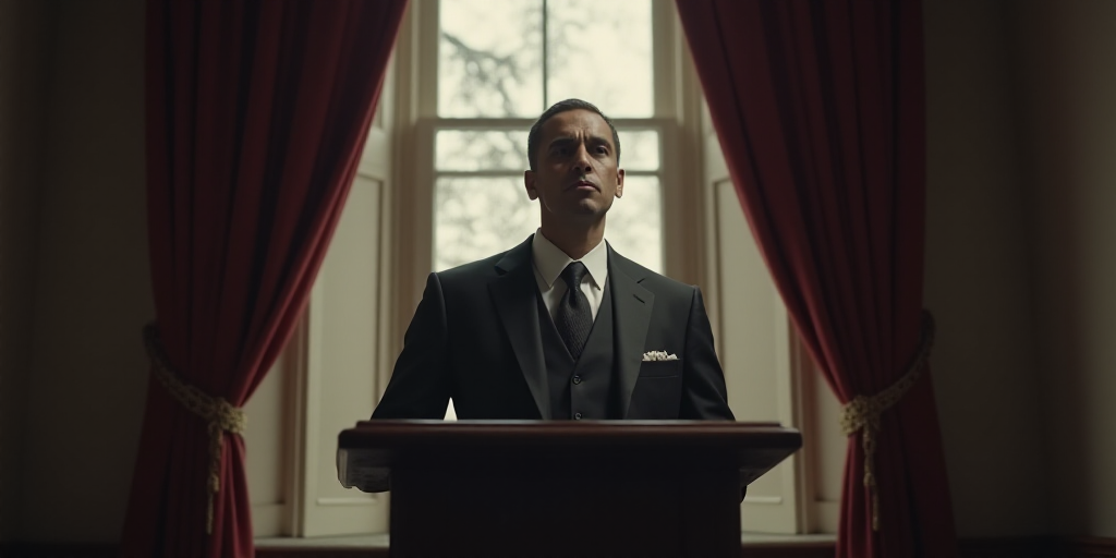a man in a suit and tie standing at a podium in front of a window with curtains and a curtain, Cassi