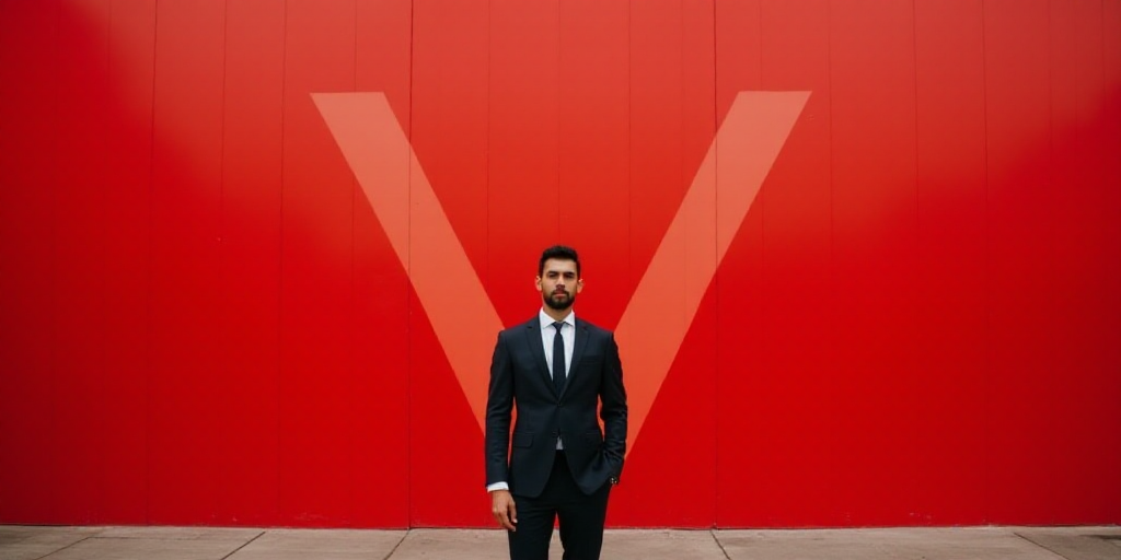 a man in a suit and tie standing in front of a red wall with a v logo on it, Eduardo Lefebvre Scovel