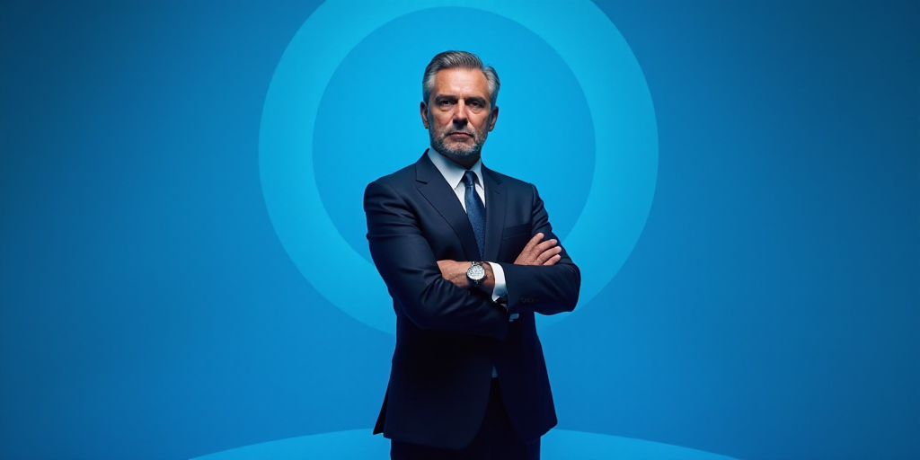 a man in a suit and tie standing with his arms crossed in front of him with a blue background, Estua