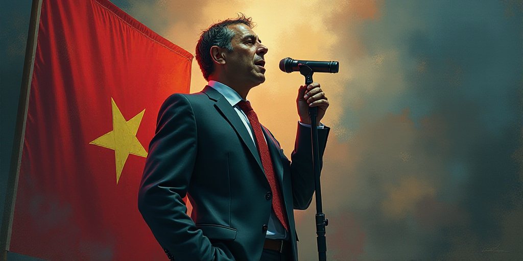 a man in a suit and tie standing next to a flag and a microphone with a microphone in his hand, Carl