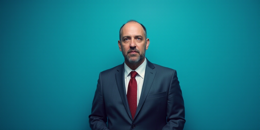 a man in a suit and tie standing in front of a blue background with a caption that reads demeterio s